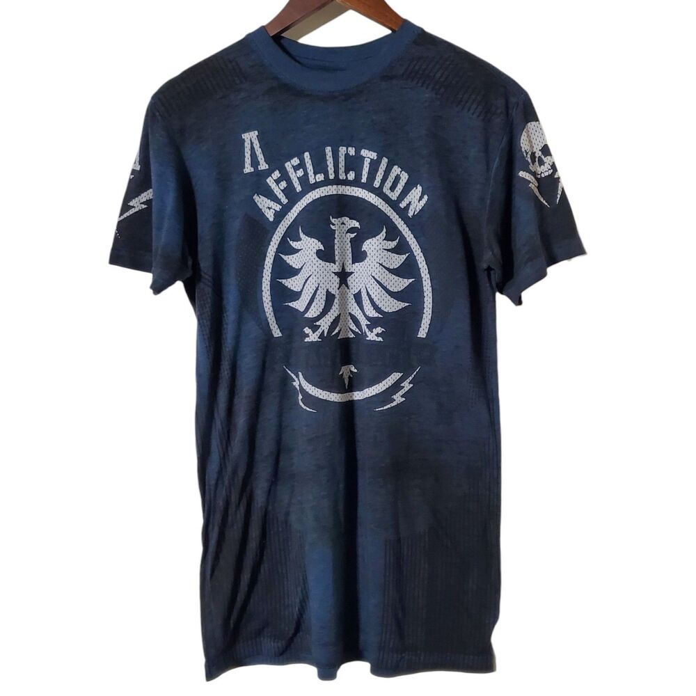 Affliction Shirt Size S Blue Hydrocore Performance Skull Graphic Made USA Mens